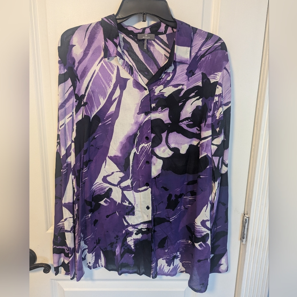 L/XL Purple and Black Long Sleeve Basket Button-Up Blouse